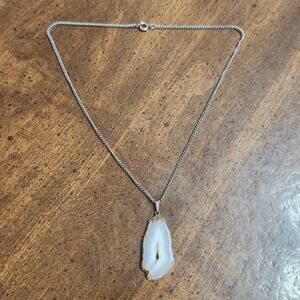 Natural White Agate Geode Slice Druzy Quartz Pendant Sterling Bail 18in Chain